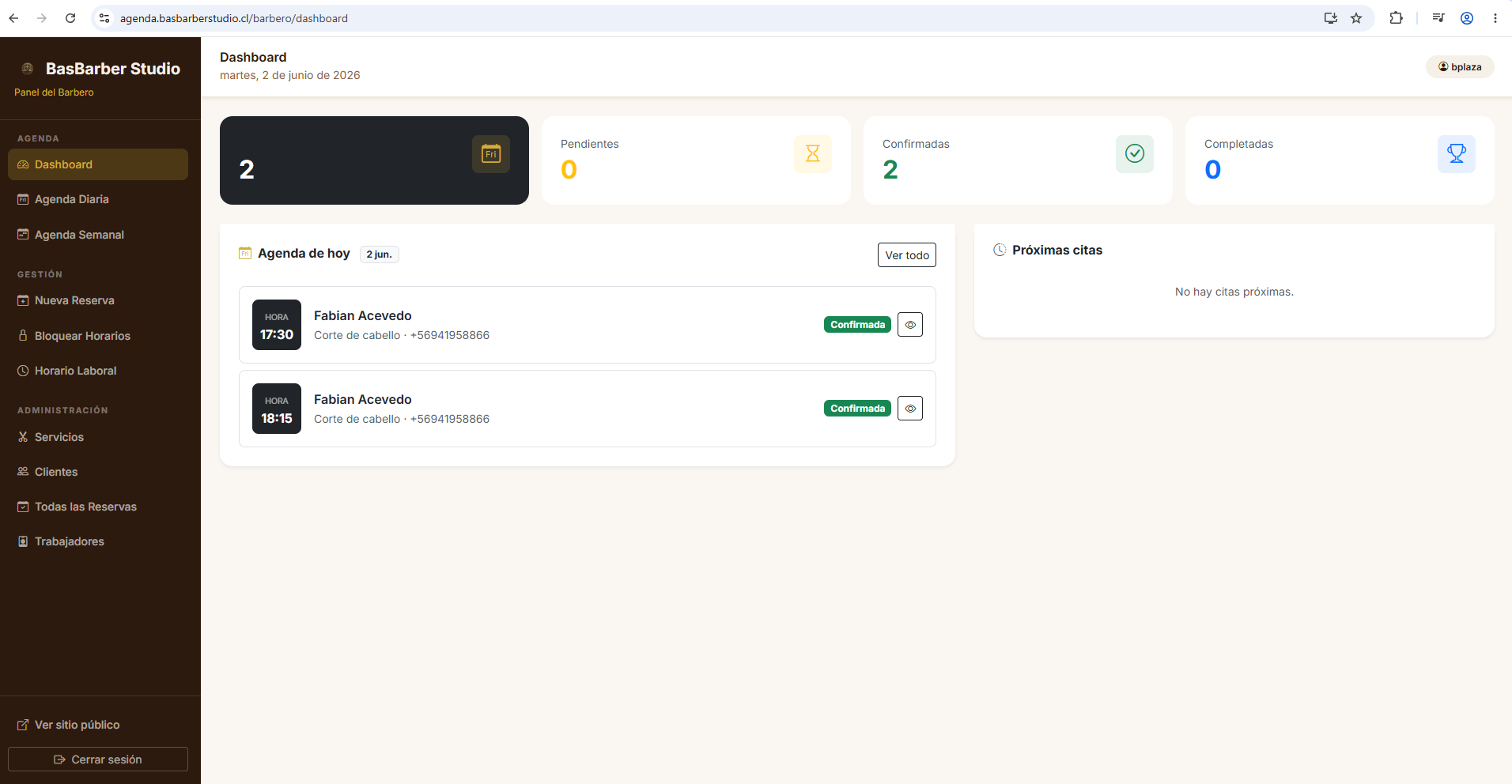 Captura real del dashboard de BarberFlow